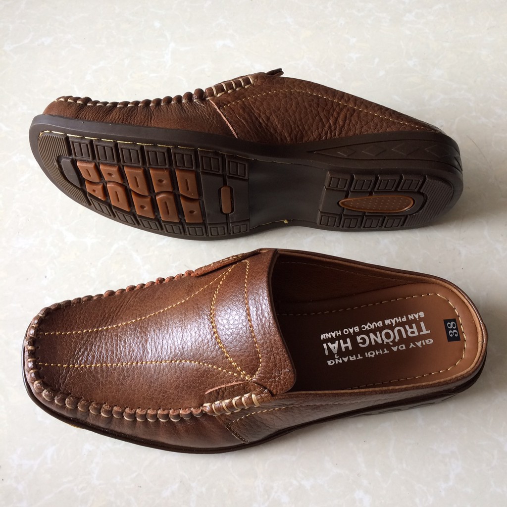 Dép bít mũi nam da bò thật màu vàng Trường Hải