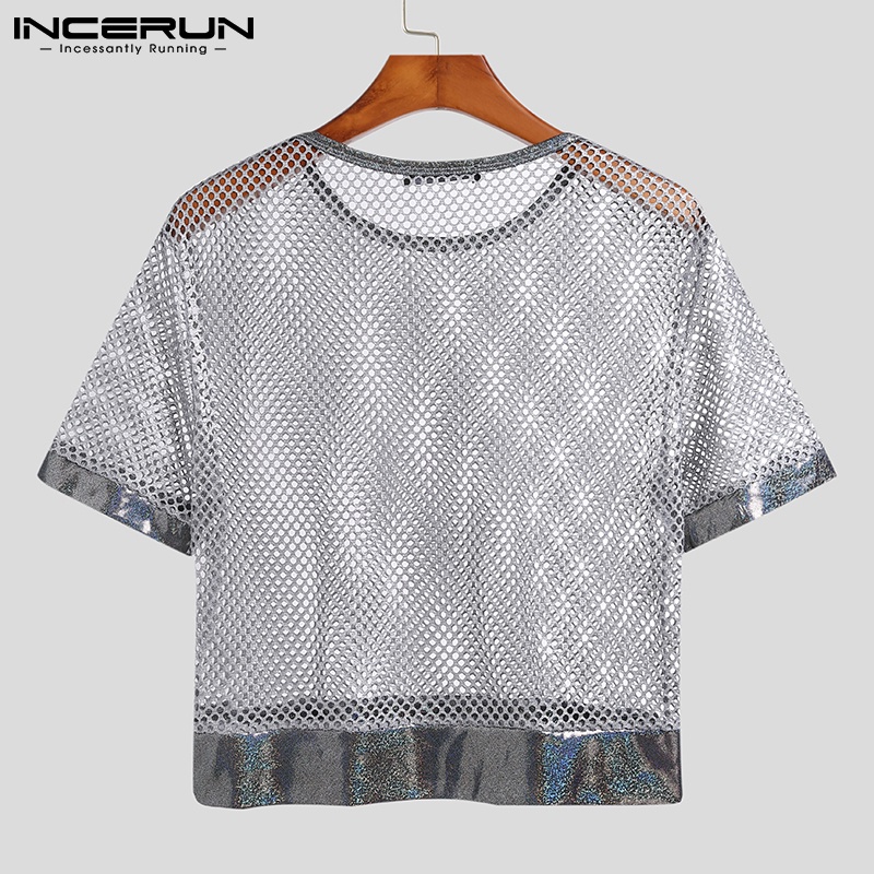 Áo lửng INCERUN vải lưới tay ngắn phối rỗng xuyên thấu đơn giản thời trang dành cho nam