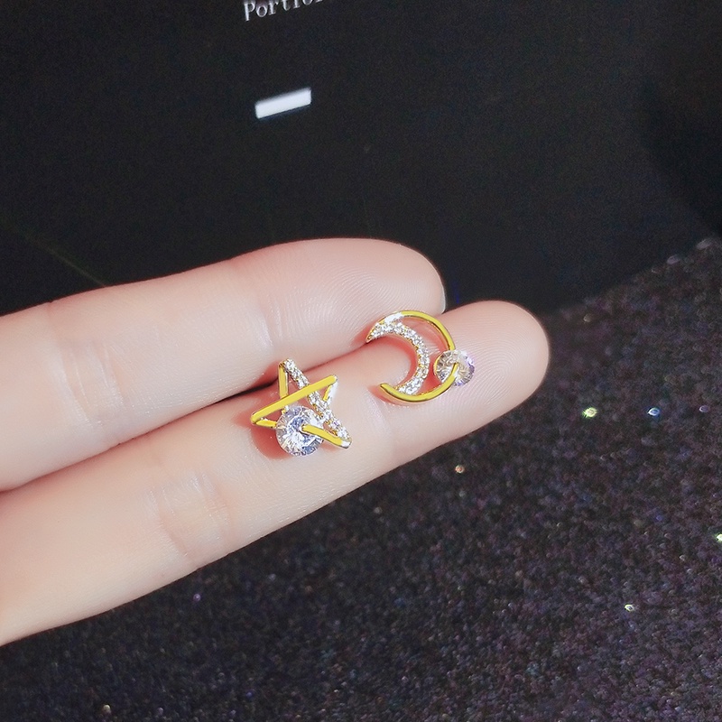 Khuyên tai JIUDUOLAN dạng kẹp/ xỏ kiểu dáng ngôi sao mặt trăng đính đá zircon thời trang đơn giản dễ phối đồ cho nữ
