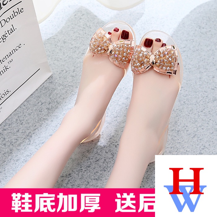 Giày Sandal Nhựa Dẻo Trong Suốt Đế Bằng Đính Đá Pha Lê Siêu Dễ Thương Thời Trang Mùa Hè 2022