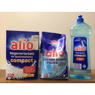 Combo: bột rửa bát alio 1,5kg + muối alio 2 kg + nước làm bóng alio 1000ml + tặng 1 viên finish
