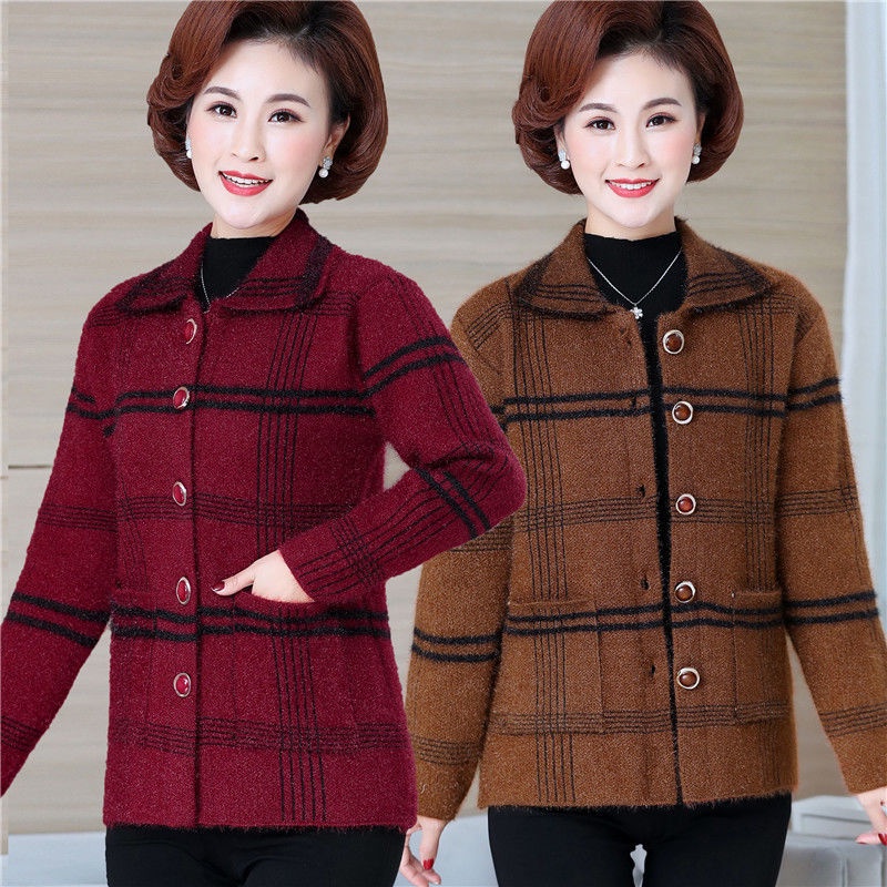Quần áo phụ nữ trung niên và cao tuổi, áo khoác len lông chồn giả lông thu đông