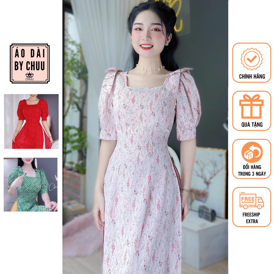 Áo dài cách tân nữ hoa nhí tay phồng vai nơ không kèm quần CHUU AD8034