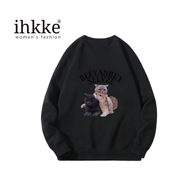 Áo sweater ihkke dáng rộng cổ tròn màu đen dễ thương thời trang unisex