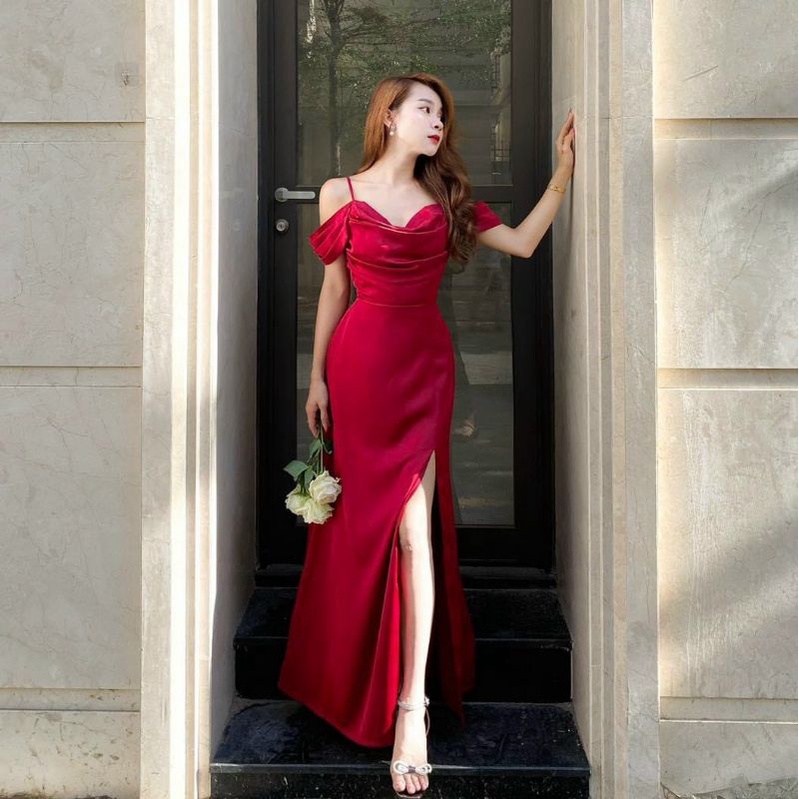 Đầm váy body dạ hội lụa 2 dây rớt vai cổ đổ xẻ tà