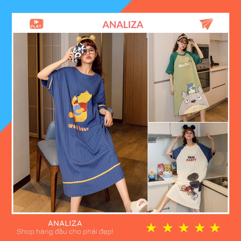 Váy Ngủ, Váy Mặc Nhà dáng suông qua gối cao cấp hoạ tiết Cartoon
