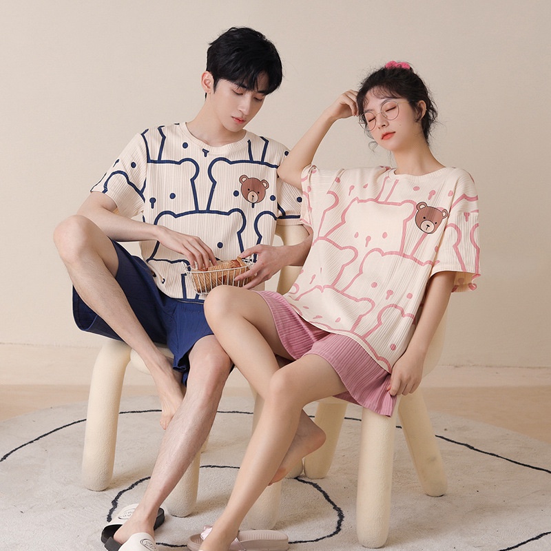 Bộ Đồ Ngủ Tay Ngắn Quần Ngắn Bằng Cotton In Họa Tiết Dành Cho Cặp Đôi