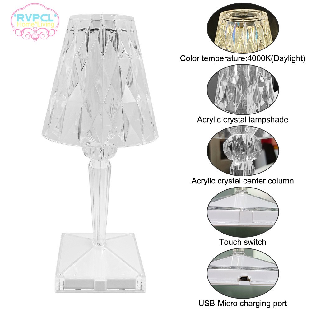 Rechargeable USB crystal table lamp transparent prism desk night light Nordic lamp bedroom living room bedside decoration/photograph good things @VN