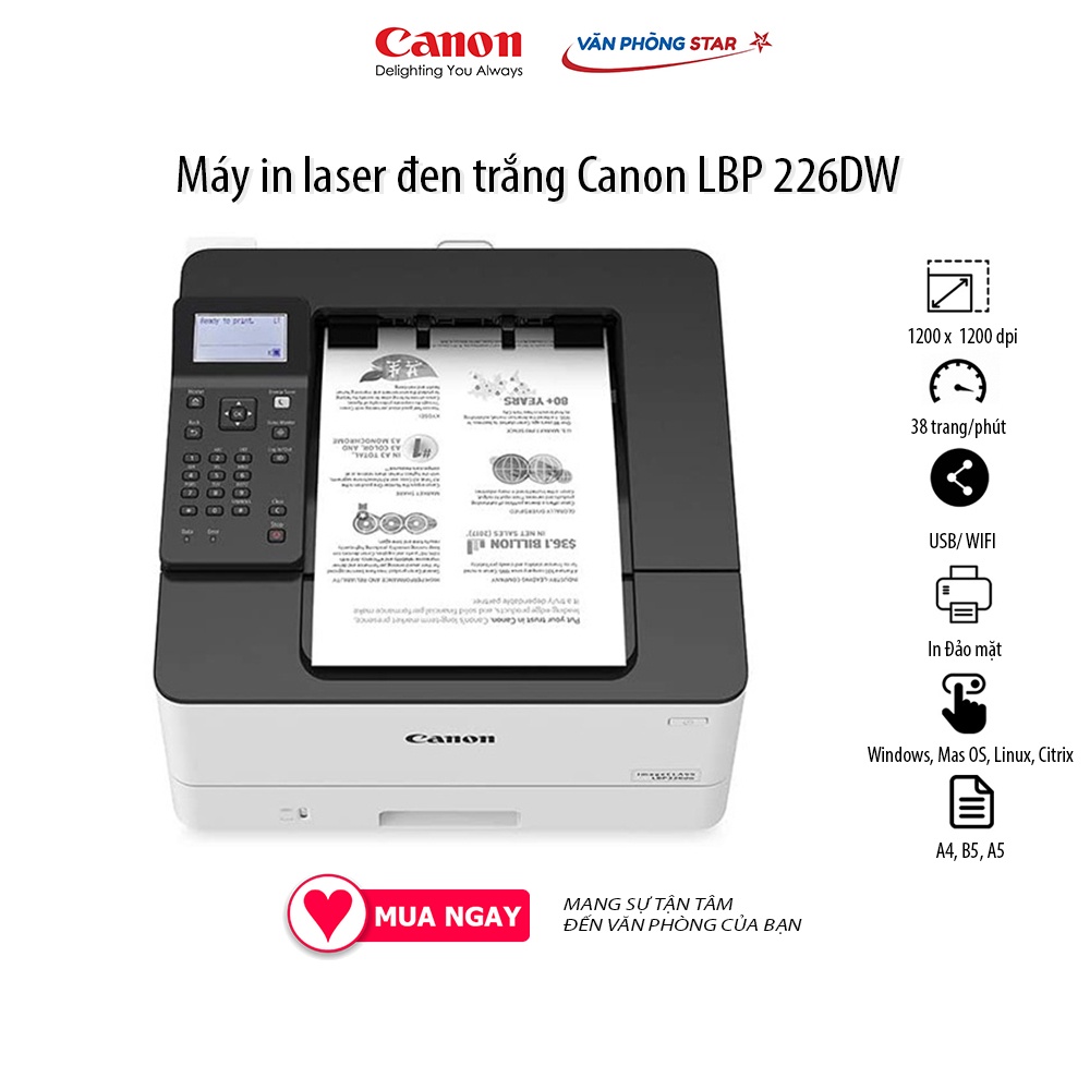 Máy in laser đen trắng Canon LBP 226DW mới 100% tốc độ 38 trang/phút độ phân giải 1200 x 1200 tại Vanphongstar chính hãn