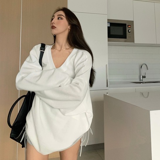 QADCOL Áo thun lửng dài tay cổ chữ V dáng rộng thời trang cho nữ