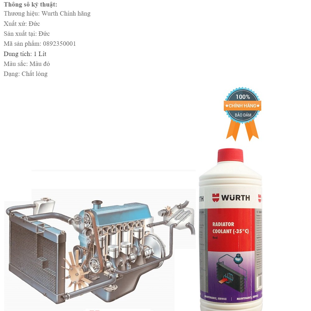 Nước Làm Mát Đỏ Động Cơ Wurth Radiator Coolant 1Lít 50001 Pha Sẵn (Làm mát động cơ, chống ăn mòn, chống rỉ sét hiệu quả.