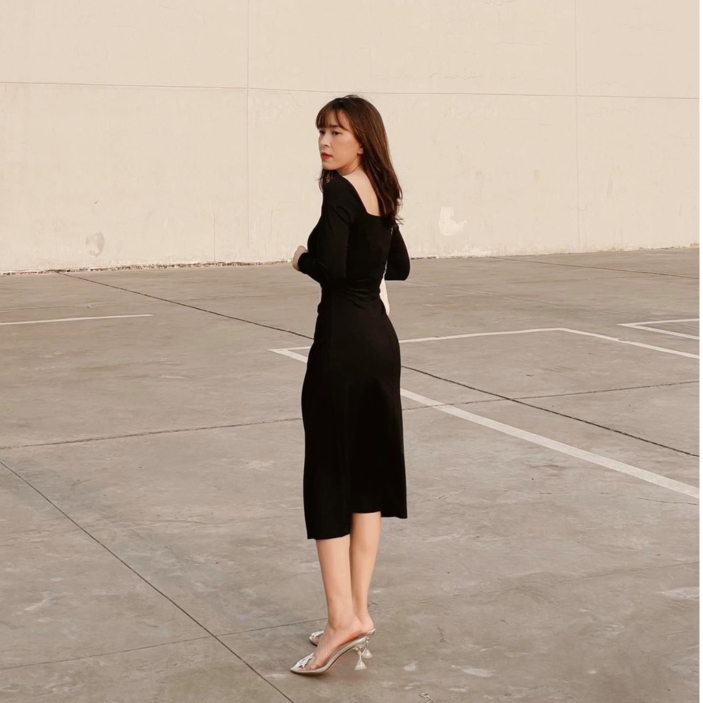 Đầm body dáng dài nhún eo chất thun nhẹ nhàng thoáng mát 3 màu Đen Hồng Xanh