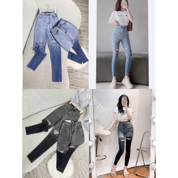 Quần ôm jeans loang rách cạp cao hack dáng , 2 màu loang xanh , khói