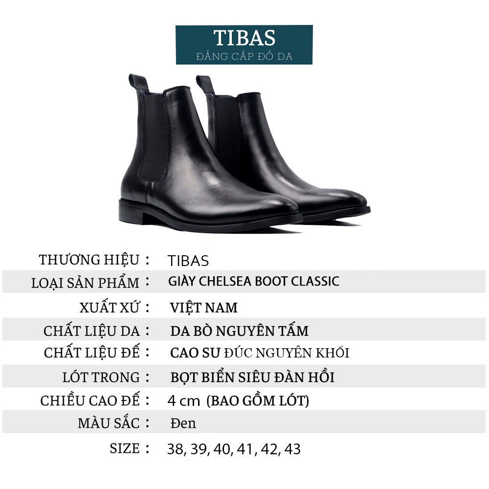 Chelsea Boots Classic Da Bò Nguyên Tấm TIBAS Bảo Hành 12 Tháng