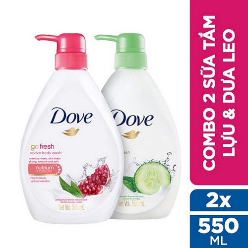 Bộ 2 Sữa tắm dưỡng ẩm Dove Hương Dưa Leo Trà Xanh và Hương Lựu & Chanh (550ml x2)