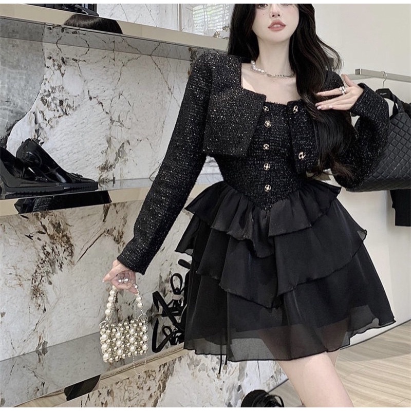 SET ĐẦM DẠ ỐNG PHỐI VOAN TẦNG KÈM KHOÁC CROP DẠ
