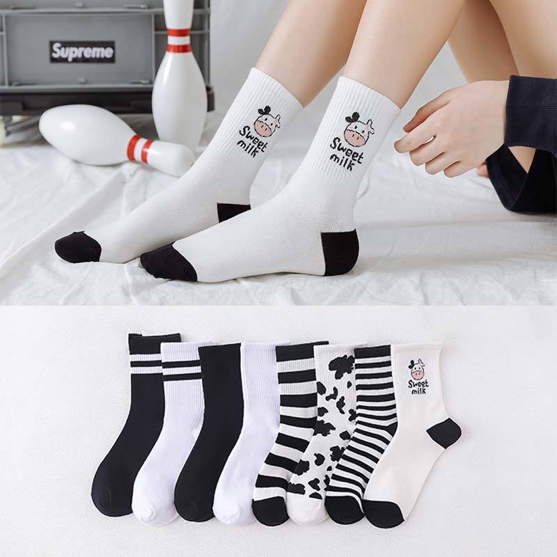 1 đôi vớ dài ngang bắp chân họa tiết sọc trắng đen thời trang xuân thu cho nữ