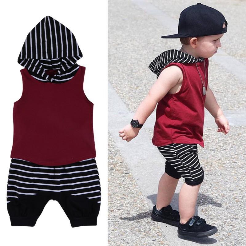 MyBaby Fashion Summer high quality Striped Hooded Sleeveless 2PCS Set