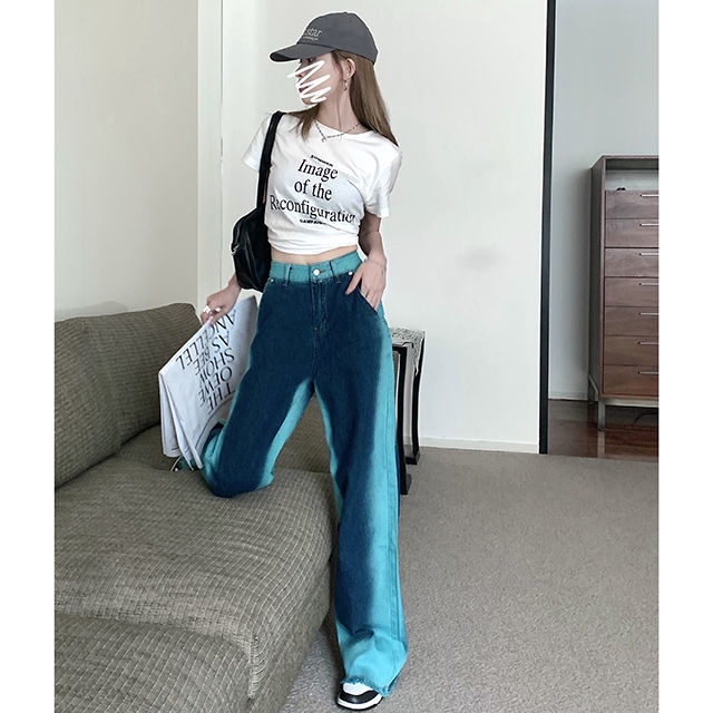 Jiashucheng Quần Jean Dài Ống Rộng Lưng Cao Màu Gradient Thời Trang Mùa Hè Cá Tính Cho Nữ