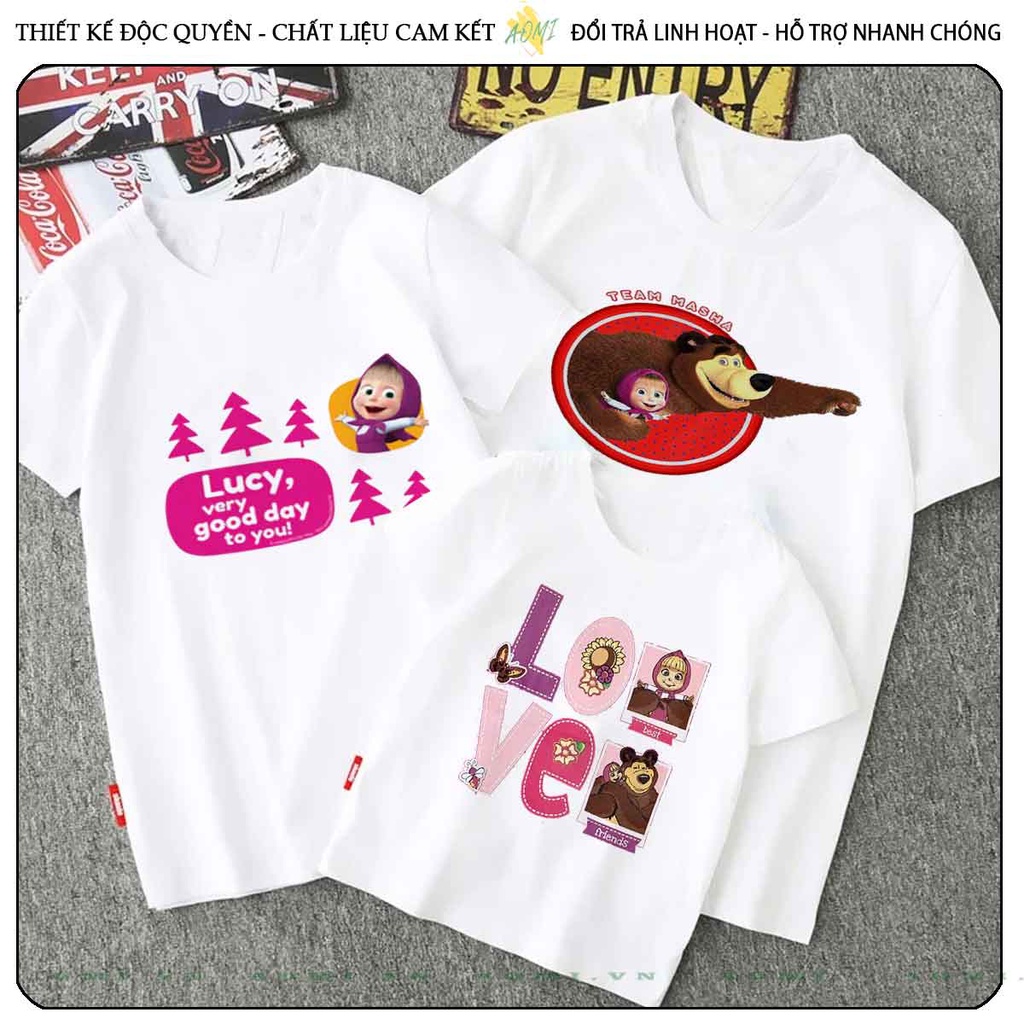 ÁO THUN UNISEX masha and bear gấu nâu PHÔNG TRẮNG TAY NGẮN NAM NỮ GIA ĐÌNH CẶP ĐÔI SIZE TRẺ EM BÉ TRAI GÁI AOMIVN