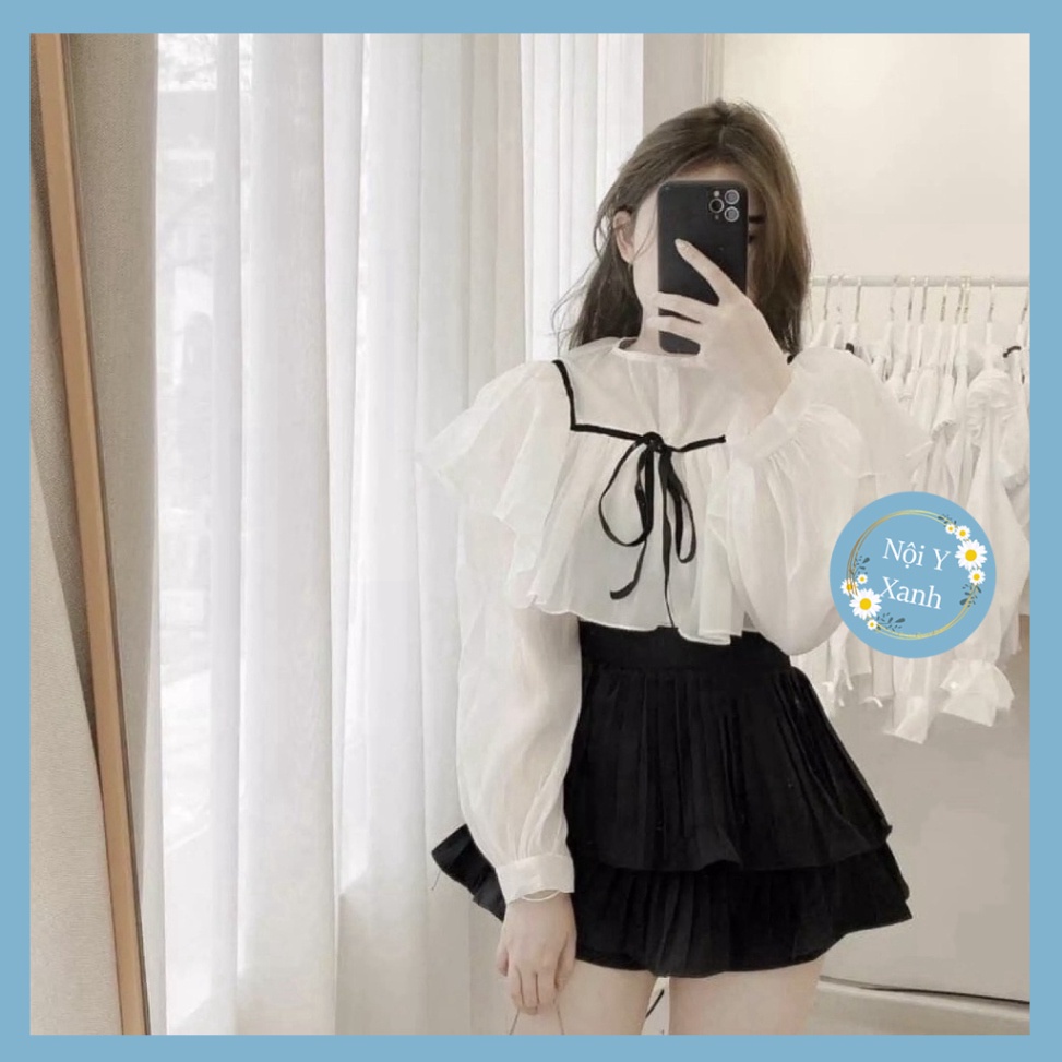 Áo sơ mi nữ công sở dài tay tay màu trắng đi học sinh cổ tròn dáng rộng_390 nội y xanh chất đẹp giá tốt