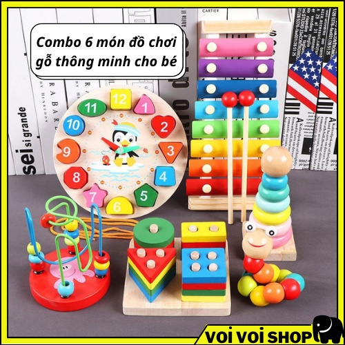 Đồ chơi thông minh cho trẻ em, trẻ con.Combo 6 món đồ chơi gỗ cho bé trai, gái 1 2 3 4 5 tuổi. Trò chơi trí tuệ cho con