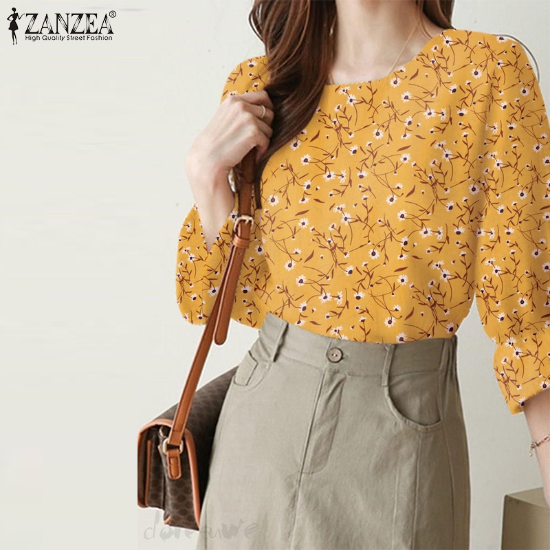 Áo kiểu ZANZEA cổ tròn tay lỡ 3/4 in họa tiết hoa thanh lịch thời trang dành cho nữ
