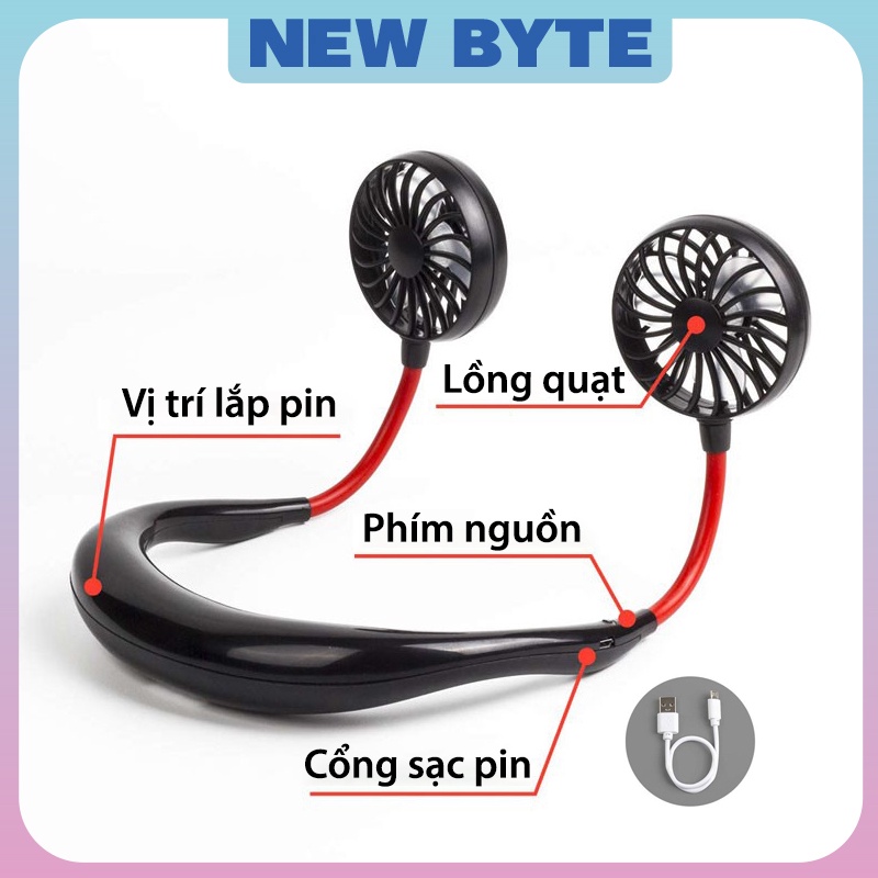 Quạt đeo cổ mini sạc pin tích điện gió mát mùa hè cao cấp giá rẻ, quạt lười quàng cổ gấp gọn bằng nhựa có dây cắm usb