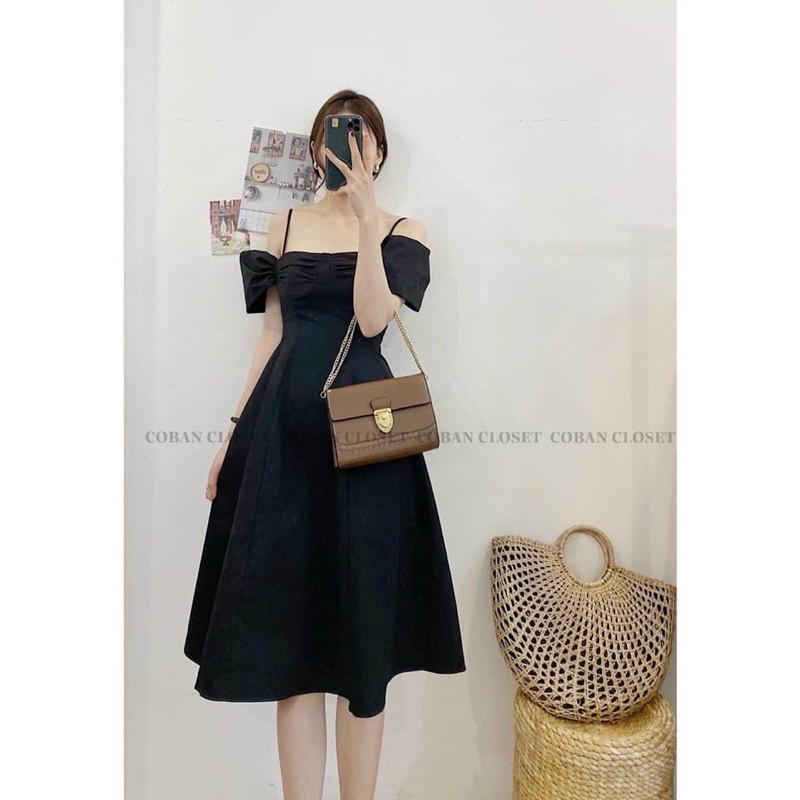 ĐẦM NƠ RỚT VAI TRẮNG KEM ĐEN