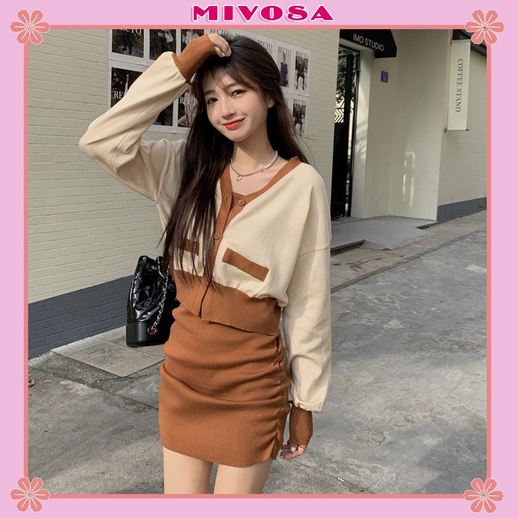 Set váy áo khoác ngoài cardigan cổ V phối viền mix váy body 2 dây len tăm mongtoghi nây tây MIVOSA SV010 | BigBuy360 - bigbuy360.vn