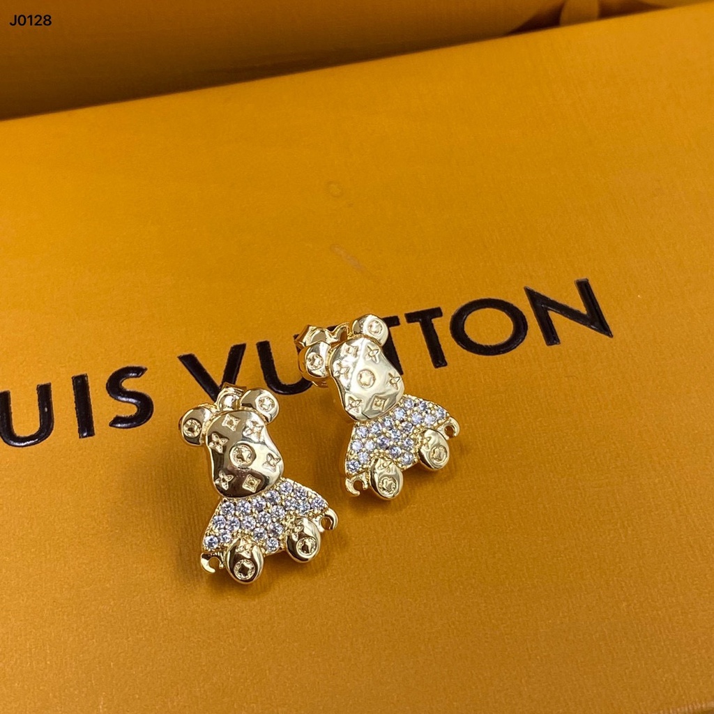 LV Bông tai gấu bông nhỏ Hoa tai kim loại Trang sức thời trang