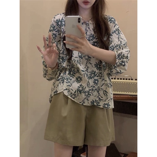Set  Áo sơ mi nữ mùa hè 2022 phong cách Pháp phom rộng và quần short kaki QC2562022105