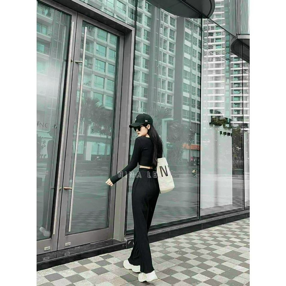 (Ưu Đãi Freeship)Bộ tole áo croptop cài nút tay dài phối quần ống rộng có túi,bộ thun gân mềm hàng chuẩn shop