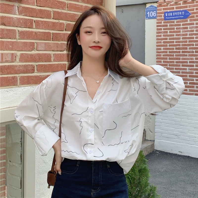 Linki ❀ Áo Sơ Mi Nữ Tay Dài Form Rộng Họa Tiết Đơn Giản