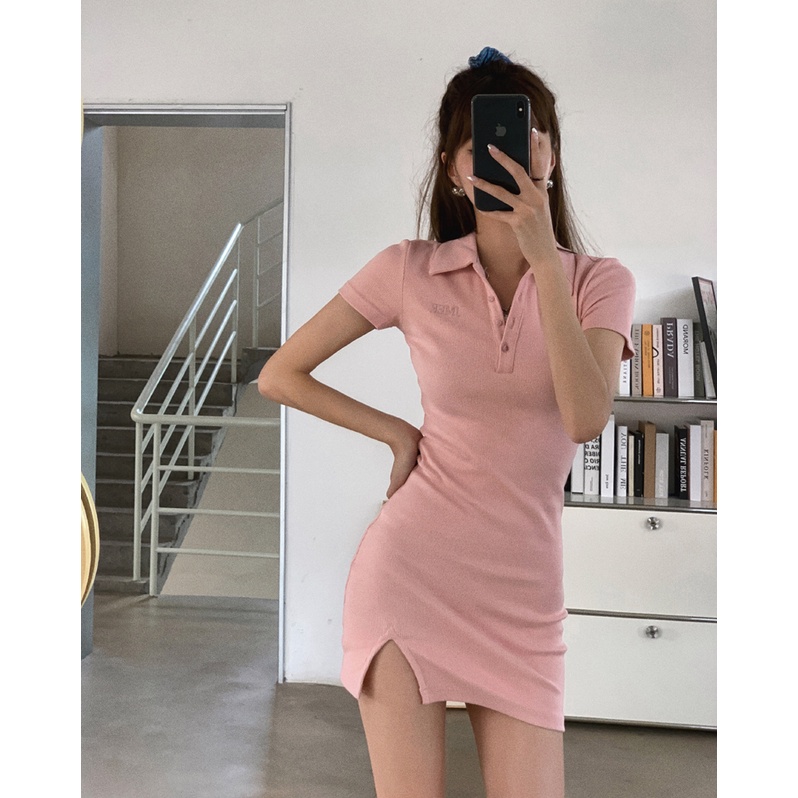 Đầm Tay Ngắn Cổ Polo Màu Trơn Xẻ Tà Phối Nút Thời Trang Cho Nữ