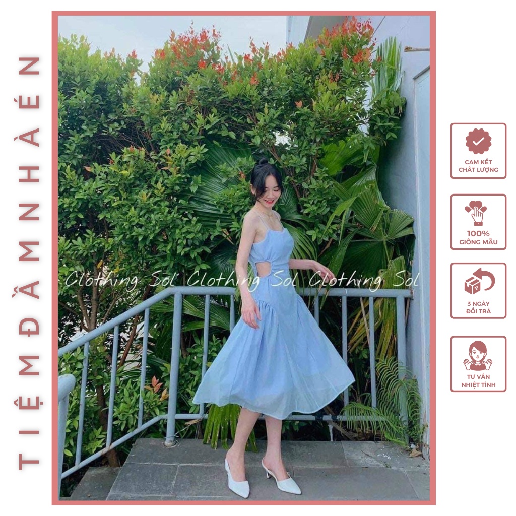 Đầm midi xanh nữ 2 dây khoét eo vải voan tơ chân xòe nhún hông sang trọng