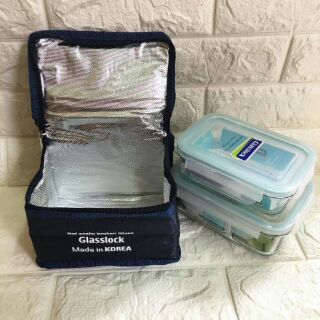 Bộ hộp cơm thủy tinh Glasslock gồm 1 hộp chia ngăn 670ml, 1 hộp 400ml kèm 1 túi giữ nhiệt