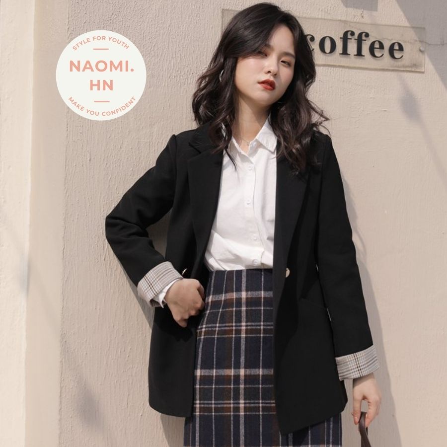 Áo blazer 2 lớp xắn gấu tay kẻ form đẹp dày dặn. Áo Vest nữ 2 lớp dài tay thiết kế form rộng tay dài pha kẻ