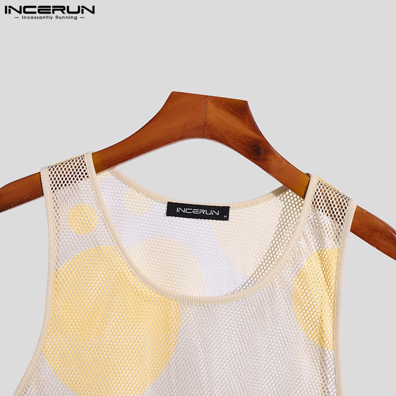 INCERUN Áo Tank Top Trong Suốt Không Tay In Họa Tiết Hoa Thời Trang Cho Nam Giới