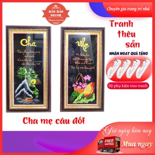 Tranh thêu Câu đối cha mẹ Tranh thêu thành phẩm chưa khung 40*80cm
