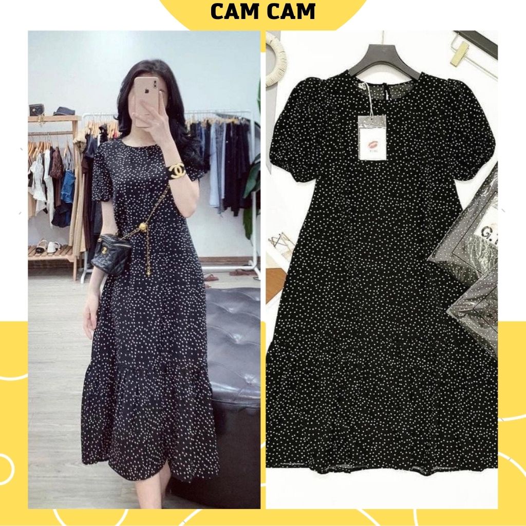 Váy bầu thiết kế chấm bi voan cao cấp đen bi trắng, thoáng mát, mỏng nhẹ, mã DB1011