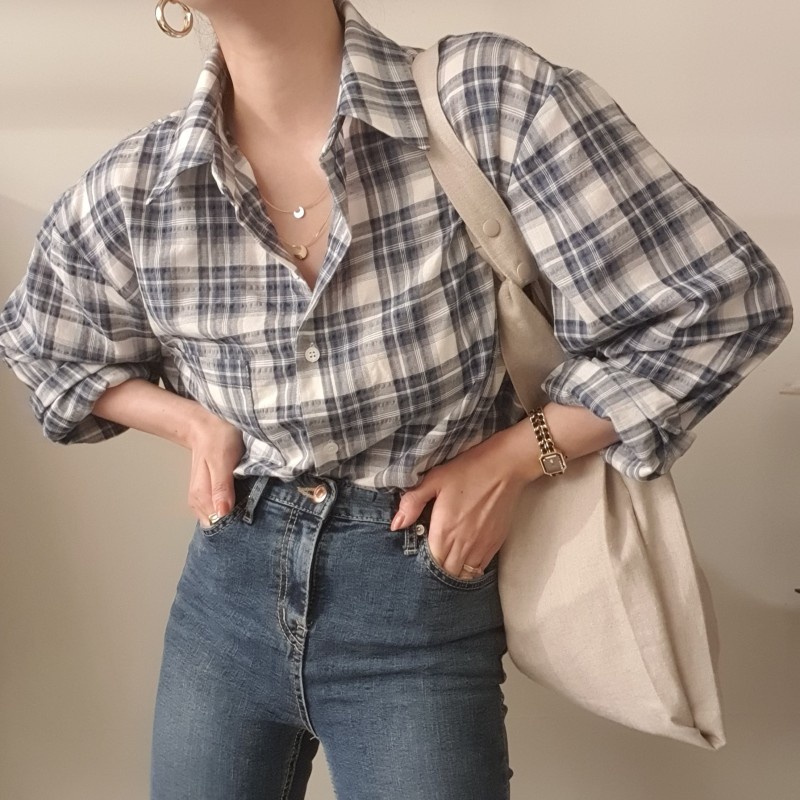 Áo sơ mi dài tay dáng rộng họa tiết kẻ sọc thời trang 46226