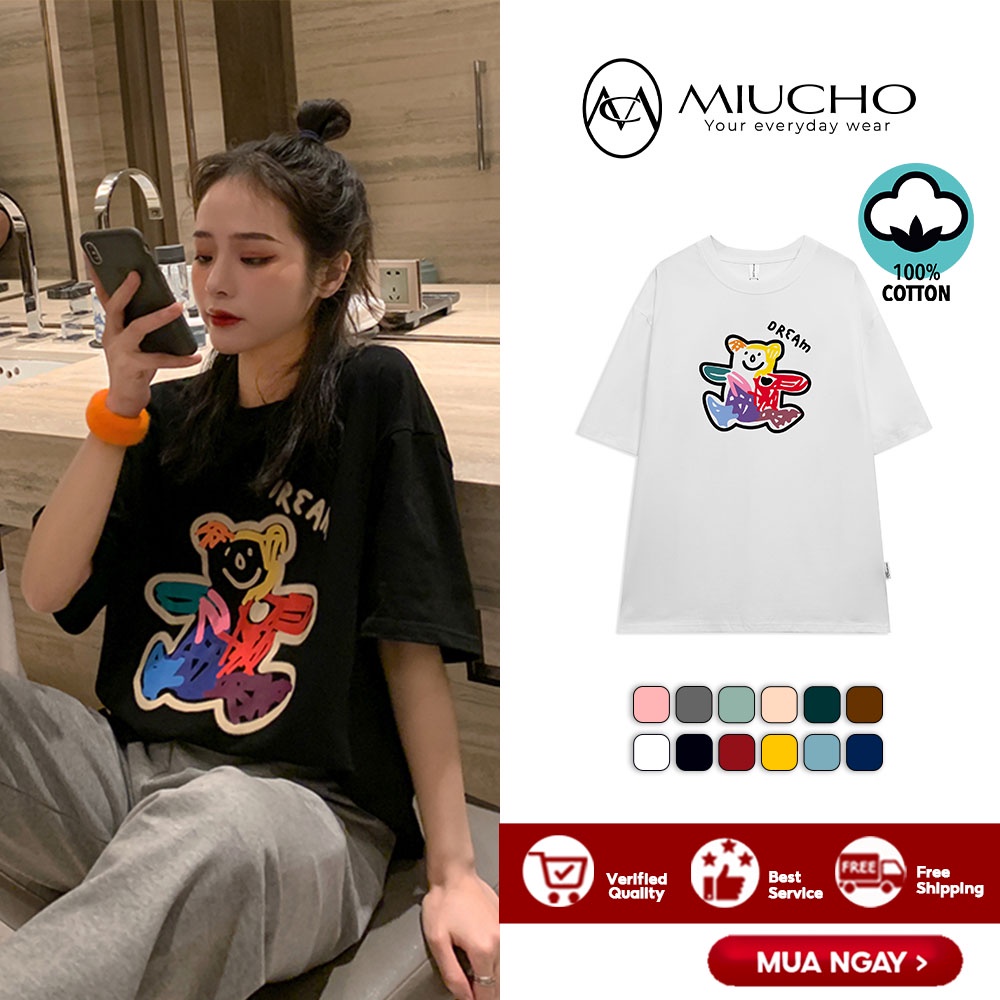 Áo phông nữ form rộng tay lỡ unisex đẹp, áo thun nữ form rộng tay lỡ unisex cotton hàn quốc AT069 Miucho in hình
