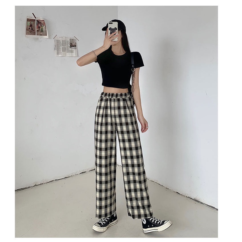 Quần Dài Ống Rộng Họa Tiết Caro Phong Cách Hàn Quốc Thời Trang Cho Nữ Size 37-82kg