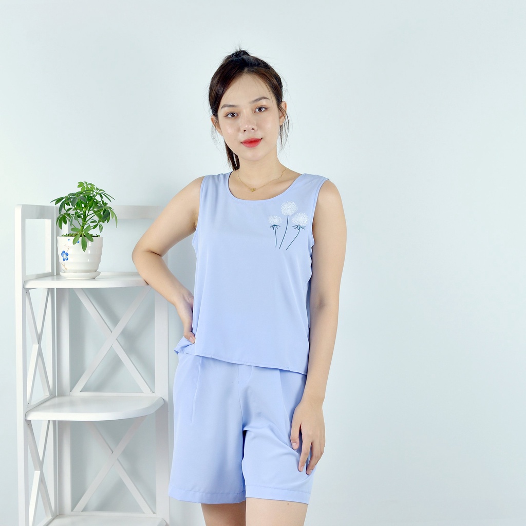 Bộ đồ nữ D42 XANH TÍM SÁT NÁCH IN HOA CỎ - Lụa 106 - Dịu dàng - Đằm thắm