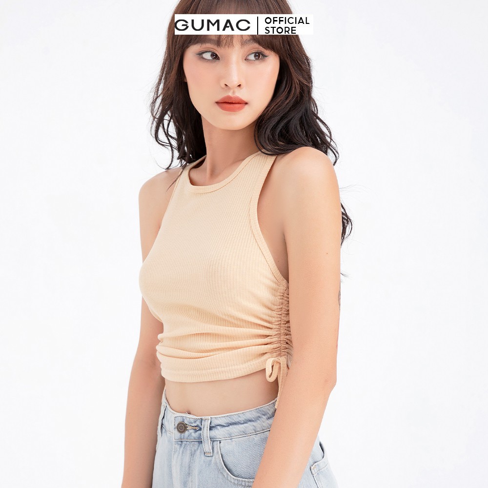 [Mã WABRGB11 giảm 10% đơn từ 250k] Áo thun nữ sát nách rút sườn GUMAC màu be cá tính ATB637 | BigBuy360 - bigbuy360.vn