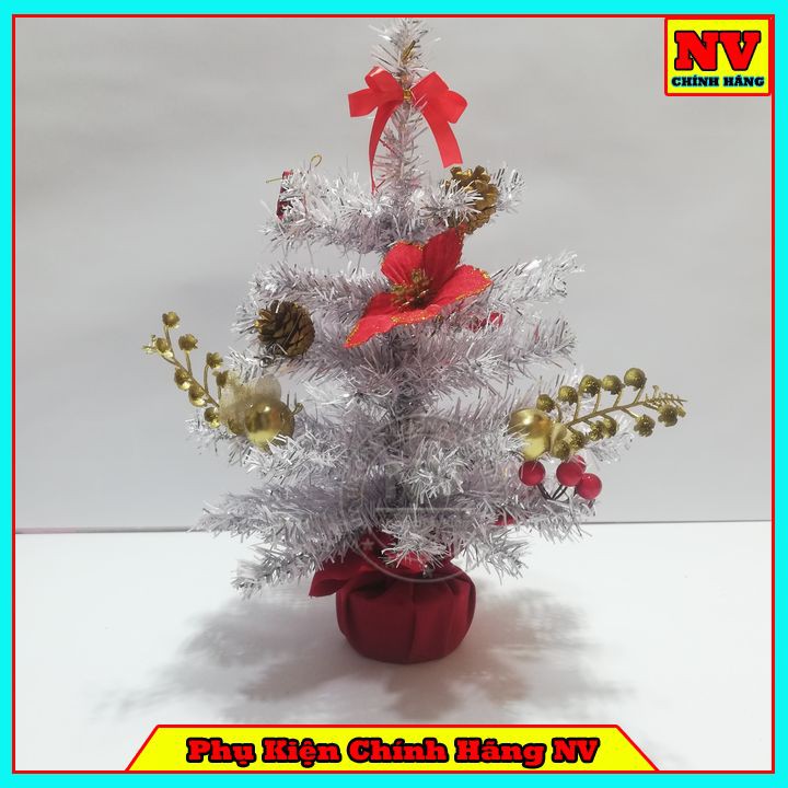 Cây Thông Noel Để Bàn 40Cm Màu Trắng Đế Nhựa Bọc Vải Đỏ