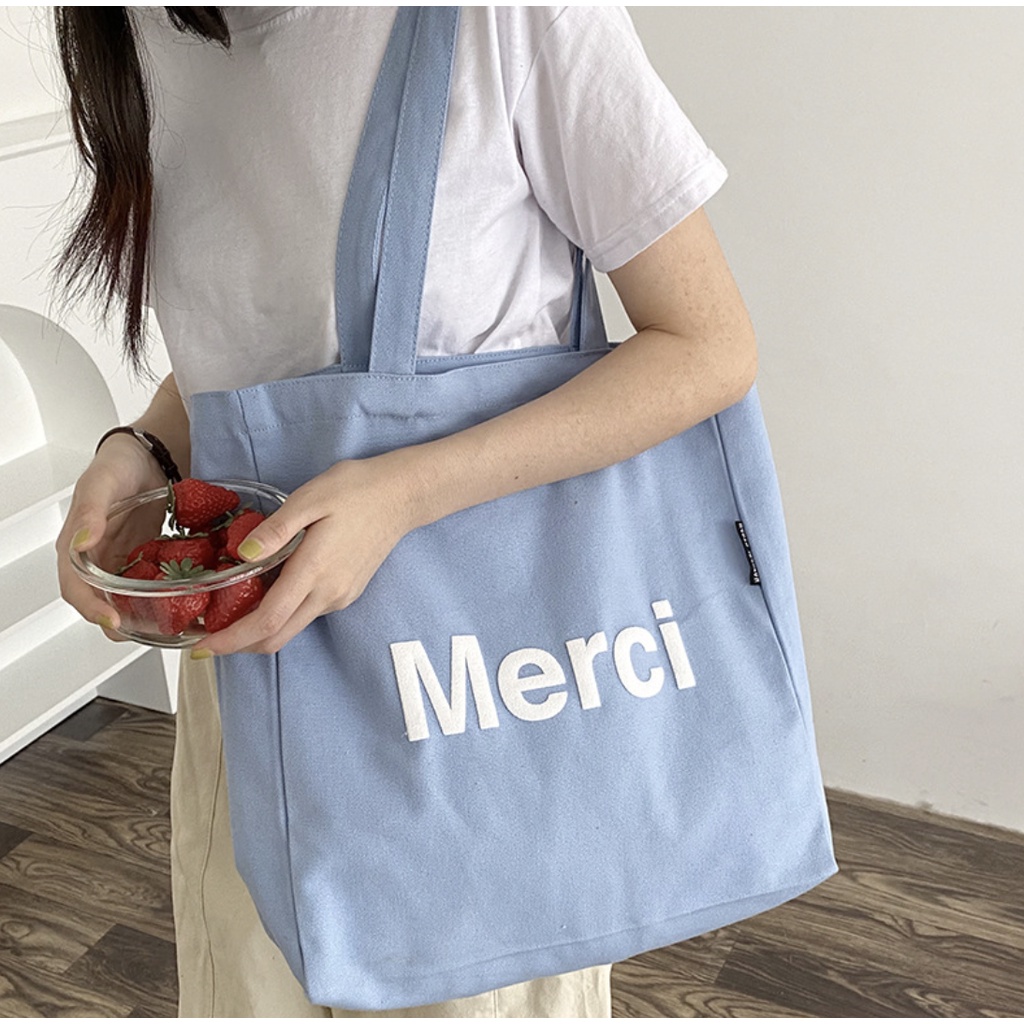 T260/[HÀNG MỚI VỀ] Túi Vải Tote Xanh Baby Blue Merci Đáng Yêu