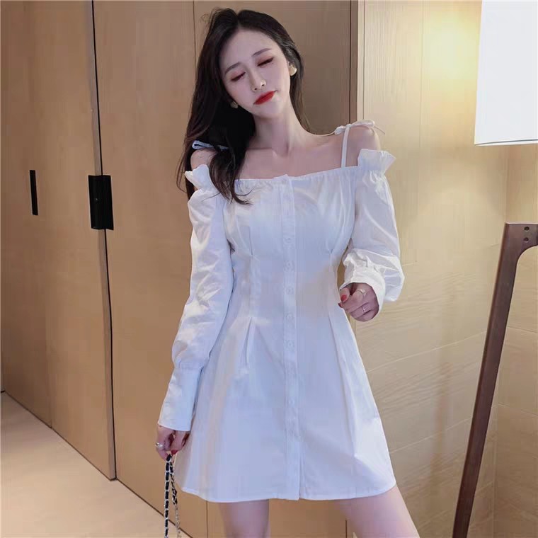 VÁY THIẾT KẾ TRỄ VAI DÀI TAY CÚC DỌC - ĐẦM TRẮNG ĐEN BẸT VAI CHUN BUỘC NƠ ULZZANG HOT