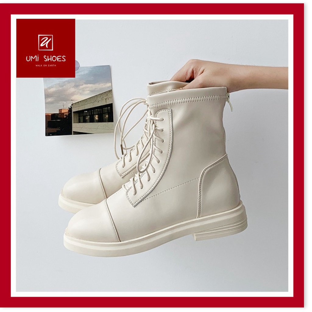 🆘 Giày bốt ulzzang cao cổ buộc dây kéo khóa màu đen/kem đế bằng đơn giản xinh đẹp mẫu mới hot trend năng động ☆╮𝕂ℍ𝕆 �